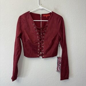 NWT Wow Couture Burgundy Red Faux Suede Lace Up Crop Top Women's Size M